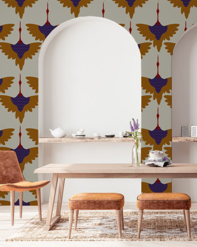 Tapet cu design retro cu model elegant de păsări cu aripi întinse. Ideal pentru a aduce un strop de culoare și o atmosferă vintage în casa ta.
