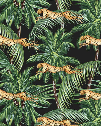 Jungle pattern wallpaper with cheetahs leaping through palm trees on a black background.
