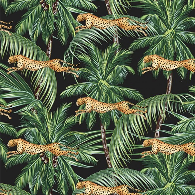 Jungle pattern wallpaper with cheetahs leaping through palm trees on a black background.