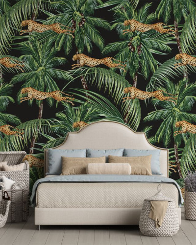 Jungle pattern wallpaper with cheetahs leaping through palm trees on a black background.