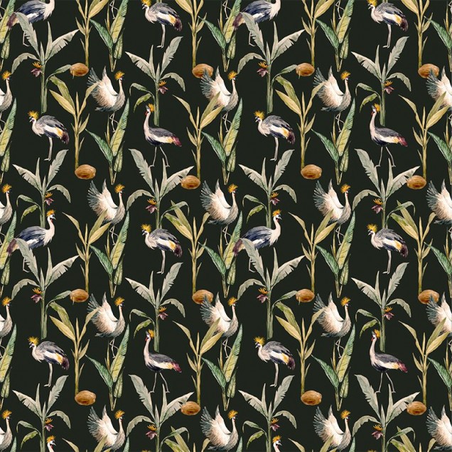 Tapet cu model exotic tropical, cu macarale elegante, palmieri tropicali și nuanțe calde de galben și violet.