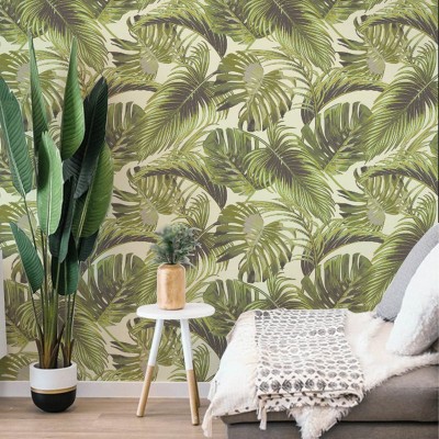 Tapet cu frunze tropicale, design exotic, culori vibrante, perfect pentru dormitoare, livinguri sau holuri