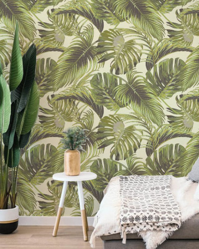 Tapet cu frunze tropicale, design exotic, culori vibrante, perfect pentru dormitoare, livinguri sau holuri