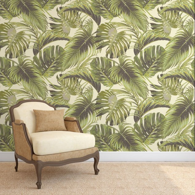 Tapet cu frunze tropicale, design exotic, culori vibrante, perfect pentru dormitoare, livinguri sau holuri