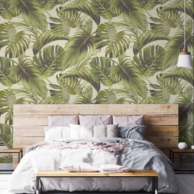 Tapet cu frunze tropicale, design exotic, culori vibrante, perfect pentru dormitoare, livinguri sau holuri