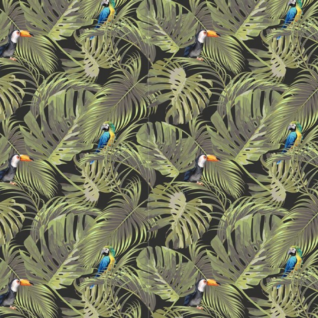 Tapet Exotic air cu frunze tropicale verzi luxuriante, papagali și tucani vibranți.