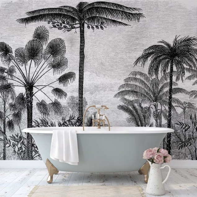 Tapet cu palmieri în negru pe fundal gri deschis, perfect pentru a crea o atmosferă tropicală relaxantă în dormitor, living sau birou.