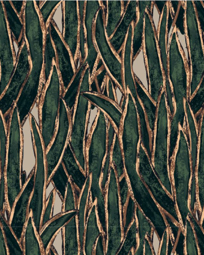 Tapet cu design abstract, verde și auriu, cu frunze și linii aurii pe un fundal verde închis.
