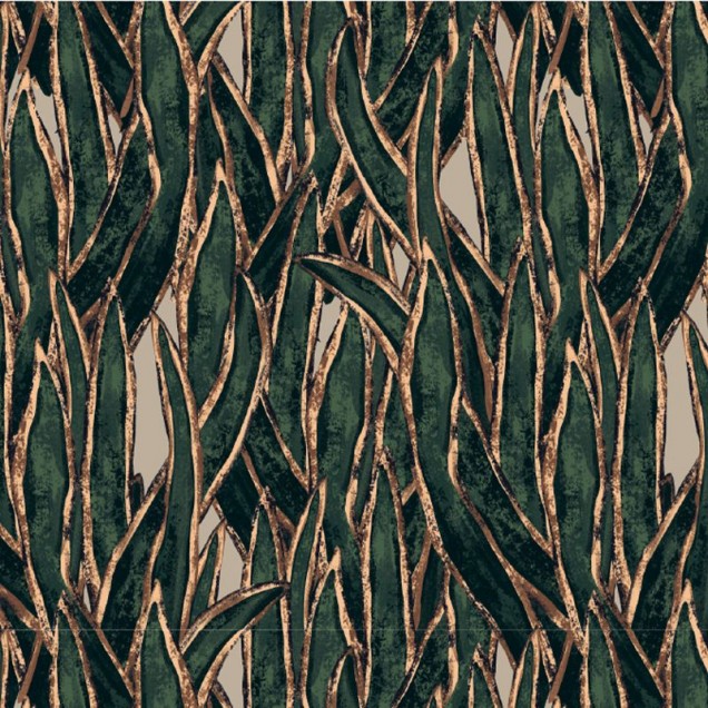 Tapet cu design abstract, verde și auriu, cu frunze și linii aurii pe un fundal verde închis.