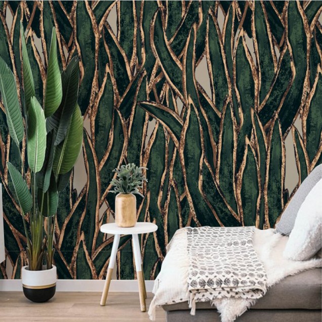 Tapet cu design abstract, verde și auriu, cu frunze și linii aurii pe un fundal verde închis.