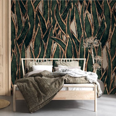 Tapet cu design abstract, verde și auriu, cu frunze și linii aurii pe un fundal verde închis.