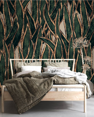Tapet cu design abstract, verde și auriu, cu frunze și linii aurii pe un fundal verde închis.