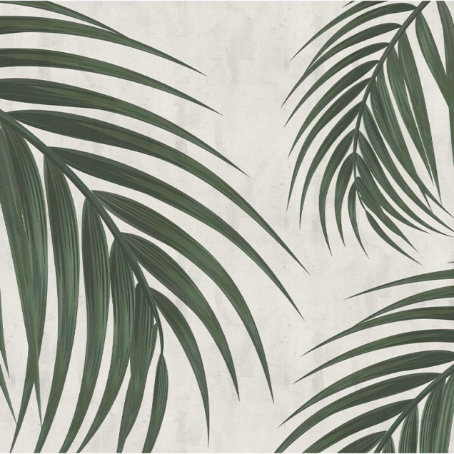 Tapet cu frunze de palmier Gentle Leaves - Imagine cu o baie modernă cu tapetul aplicat pe perete