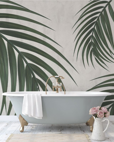 Tapet cu frunze de palmier Gentle Leaves - Imagine cu o baie modernă cu tapetul aplicat pe perete