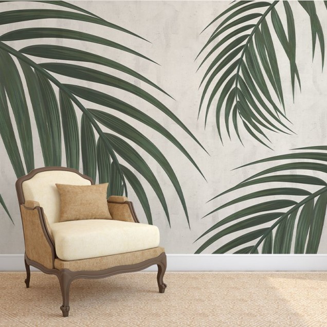 Tapet cu frunze de palmier Gentle Leaves - Imagine cu o baie modernă cu tapetul aplicat pe perete