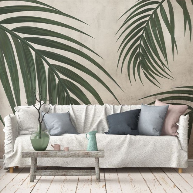 Tapet cu frunze de palmier Gentle Leaves - Imagine cu o baie modernă cu tapetul aplicat pe perete