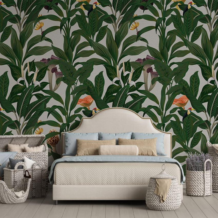 Tapet tropical cu frunze luxuriante, flori delicate și păsări exotice