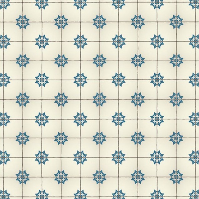 Tapet cu model de dale vintage, cu motive geometrice albastre pe un fundal alb crem.