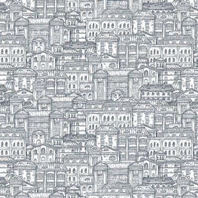 Tapet cu design modern de clădiri vechi, perfect pentru a adăuga o notă de eleganță și mister casei dumneavoastră.