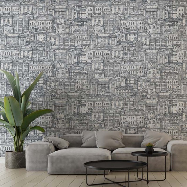 Tapet cu design modern de clădiri vechi, perfect pentru a adăuga o notă de eleganță și mister casei dumneavoastră.