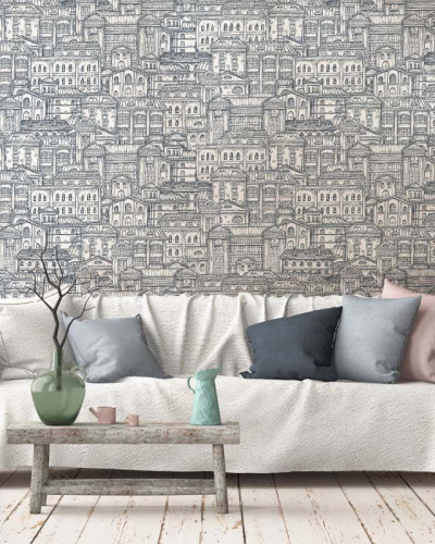 Tapet cu design modern de clădiri vechi, perfect pentru a adăuga o notă de eleganță și mister casei dumneavoastră.