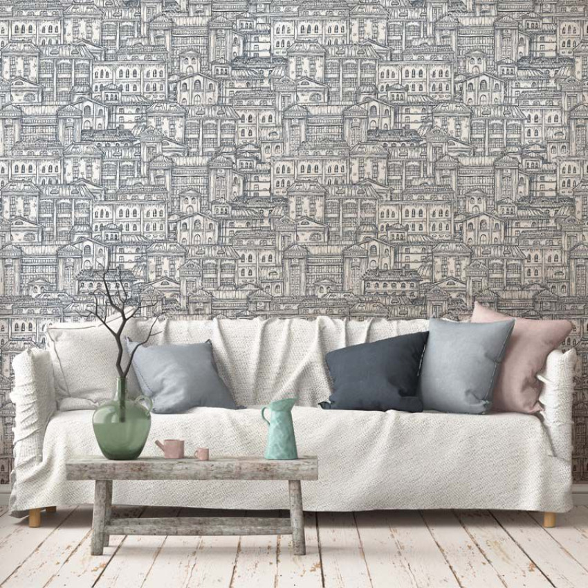 Tapet cu design modern de clădiri vechi, perfect pentru a adăuga o notă de eleganță și mister casei dumneavoastră.