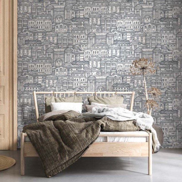 Tapet cu design modern de clădiri vechi, perfect pentru a adăuga o notă de eleganță și mister casei dumneavoastră.