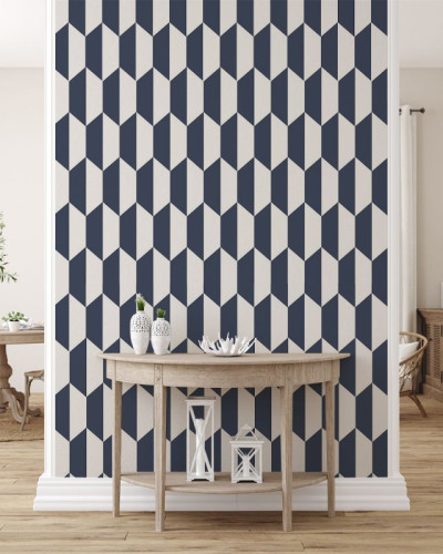 Tapet Hex, model geometric hexagonal, albastru închis și alb