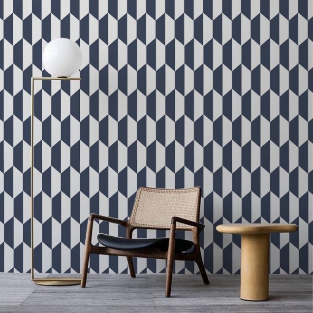 Tapet Hex, model geometric hexagonal, albastru închis și alb