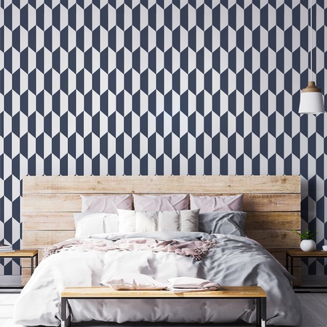Tapet Hex, model geometric hexagonal, albastru închis și alb
