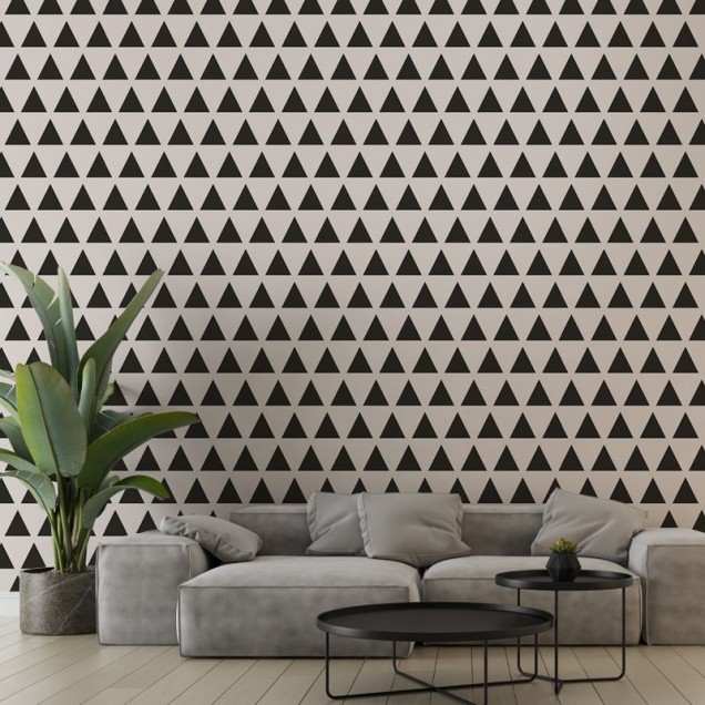 Tapet cu triunghiuri negre pe fond alb, design modern și minimalist
