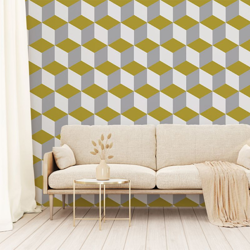 Tapet geometric cu model de cuburi tridimensionale în tonuri de gri și negru