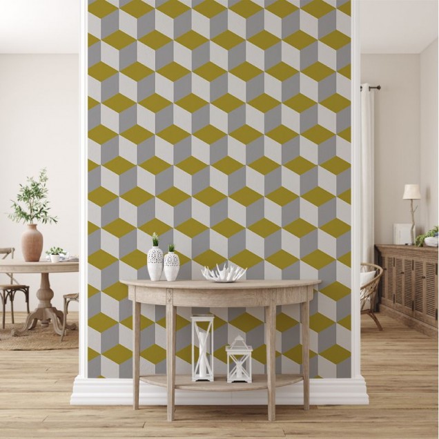 Tapet geometric Yellow and White Cube, cu un design modern si minimalist.