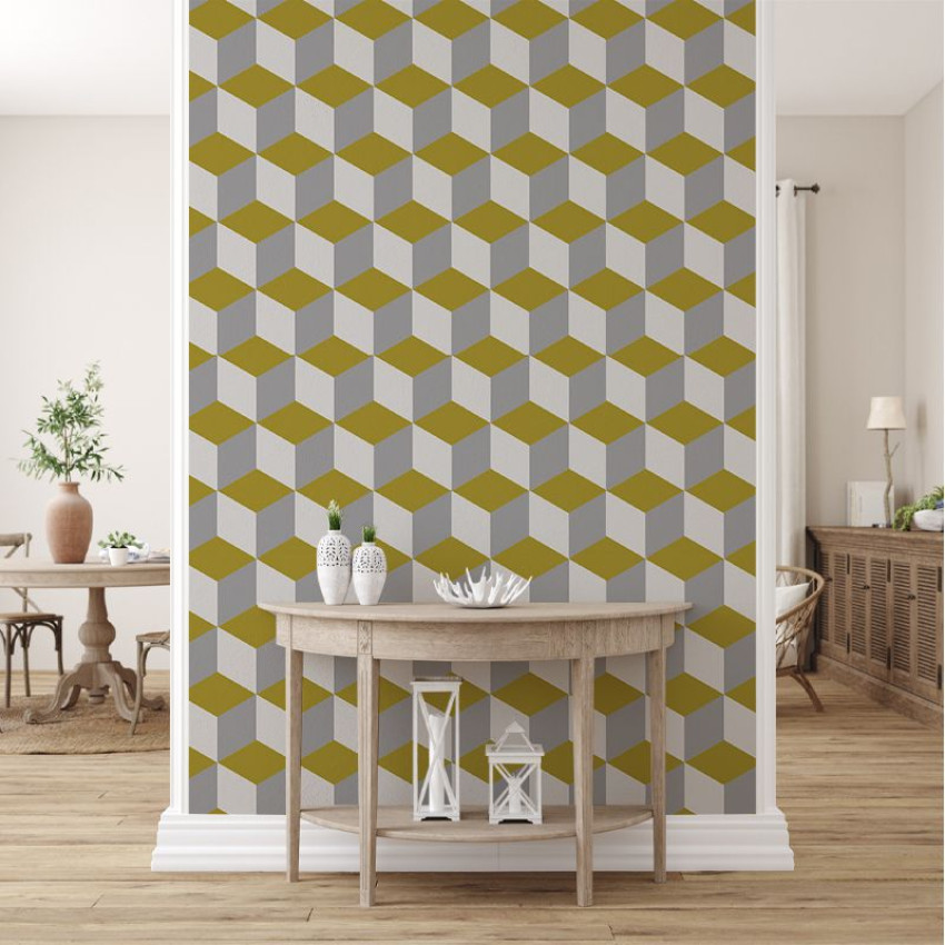 Tapet geometric cu model de cuburi tridimensionale în tonuri de gri și negru