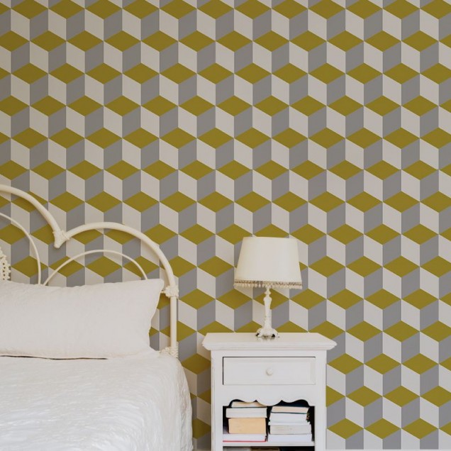 Tapet geometric Yellow and White Cube, cu un design modern si minimalist.