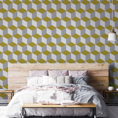 Tapet geometric Yellow and White Cube, cu un design modern si minimalist.