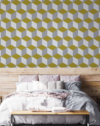 Tapet geometric Yellow and White Cube, cu un design modern si minimalist.