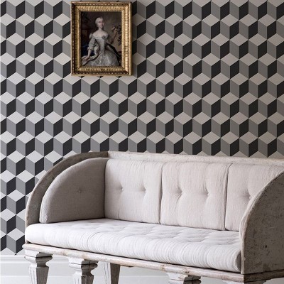 Tapet geometric cu model de cuburi tridimensionale în tonuri de gri și negru