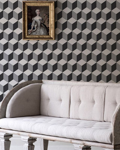Tapet geometric cu model de cuburi tridimensionale în tonuri de gri și negru
