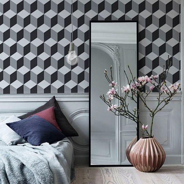Tapet geometric cu model de cuburi tridimensionale în tonuri de gri și negru