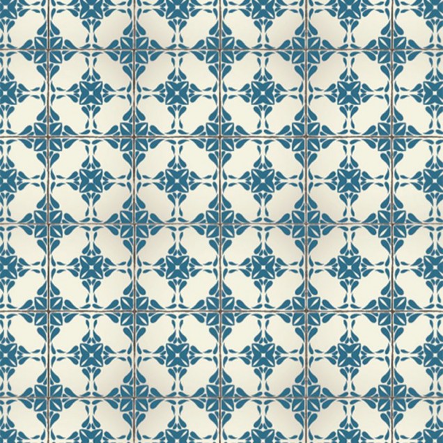 Tapet baie cu design vintage in nuante de albastru, decorat cu dale albastre si albe.