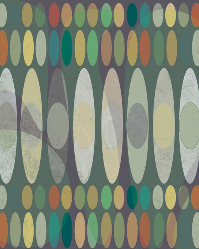 Tapet Playful cu design modern, geometric, cu cercuri și ovale în culori de verde, galben și maro.