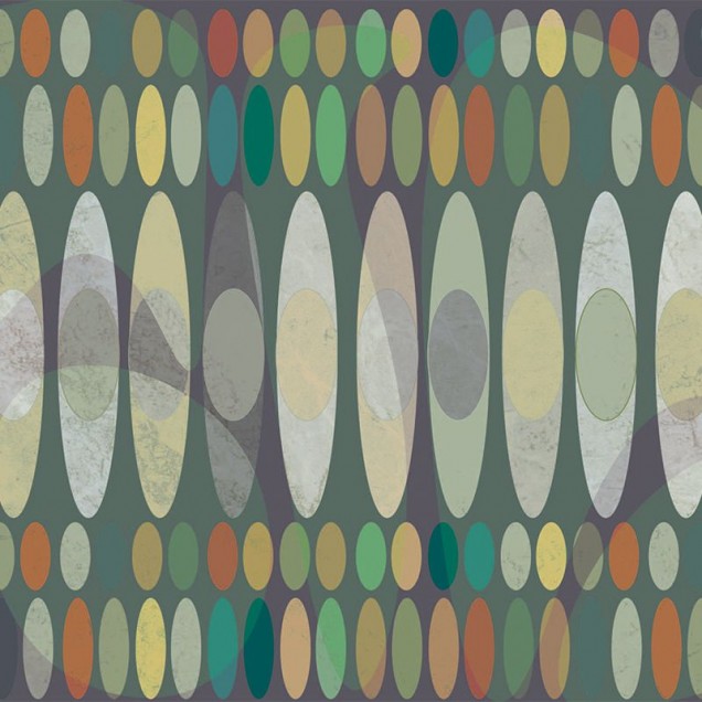 Tapet Playful cu design modern, geometric, cu cercuri și ovale în culori de verde, galben și maro.