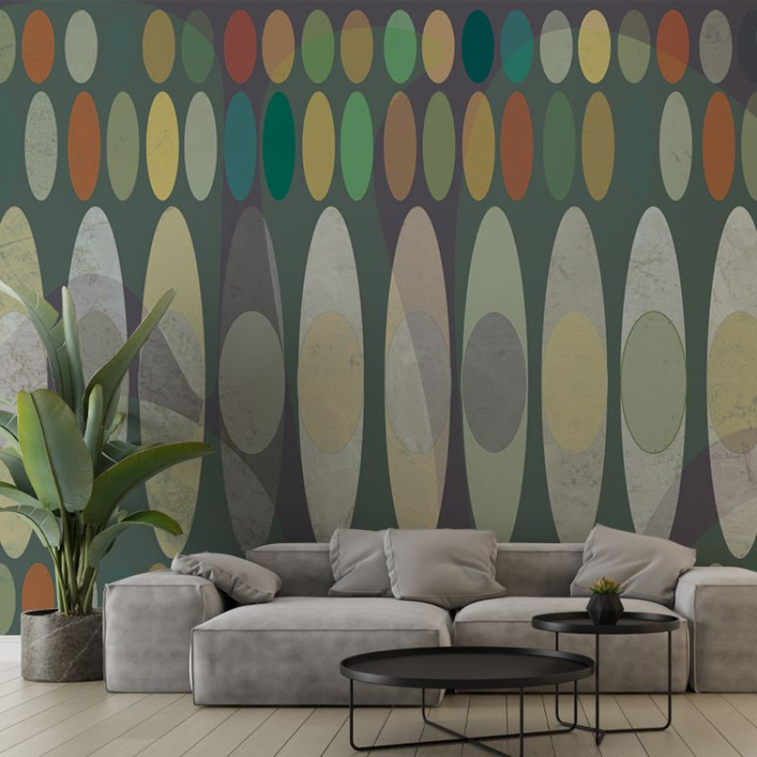 Tapet Playful cu design modern, geometric, cu cercuri și ovale în culori de verde, galben și maro.
