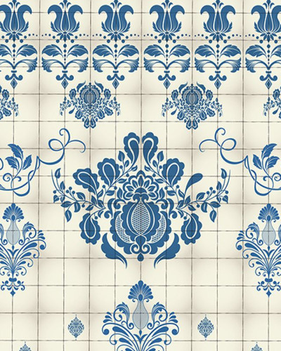 Tapet  Blue style VLAdiLA cu design de gresie albastră și albă, ideal pentru o decorare clasică și elegantă.