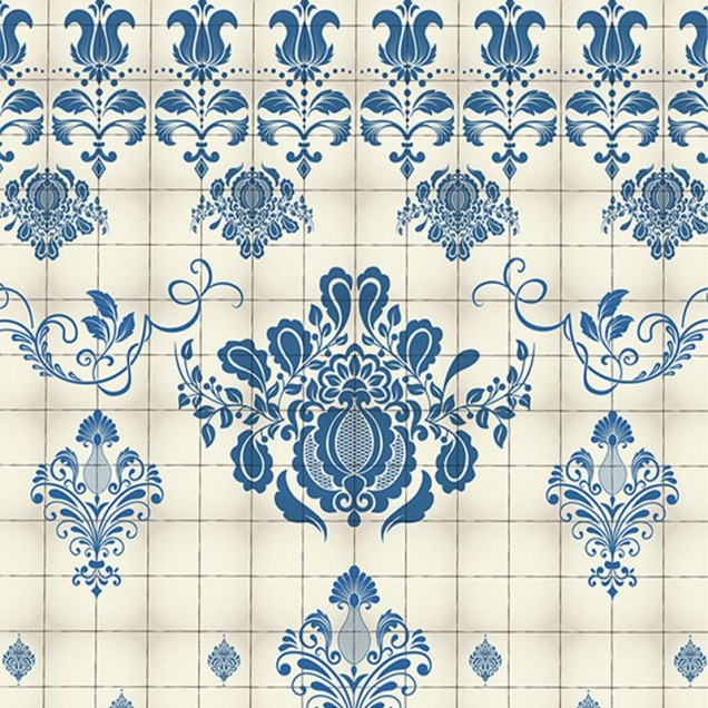 Tapet  Blue style VLAdiLA cu design de gresie albastră și albă, ideal pentru o decorare clasică și elegantă.