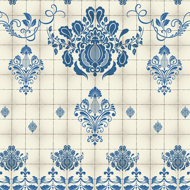 Tapet  Blue style VLAdiLA cu design de gresie albastră și albă, ideal pentru o decorare clasică și elegantă.