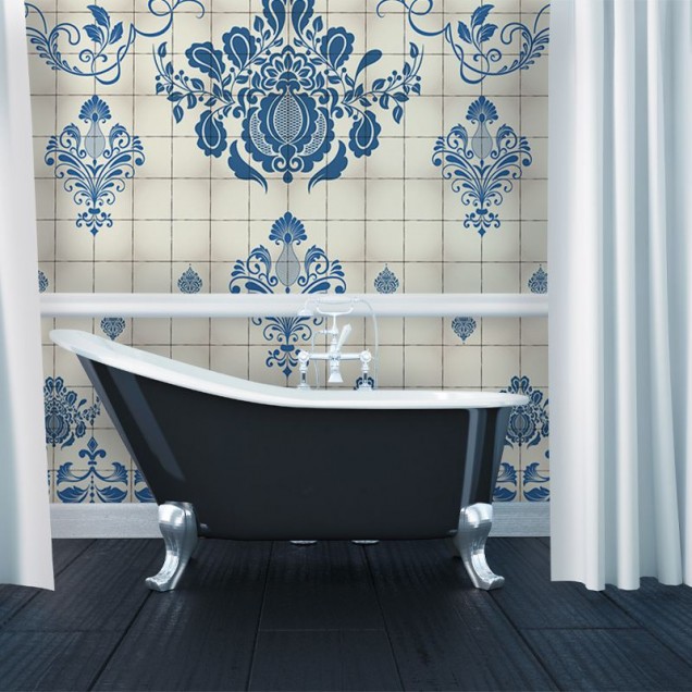 Tapet  Blue style VLAdiLA cu design de gresie albastră și albă, ideal pentru o decorare clasică și elegantă.