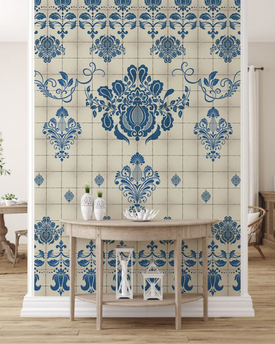 Tapet  Blue style VLAdiLA cu design de gresie albastră și albă, ideal pentru o decorare clasică și elegantă.