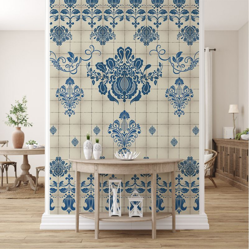 Tapet  Blue style VLAdiLA cu design de gresie albastră și albă, ideal pentru o decorare clasică și elegantă.